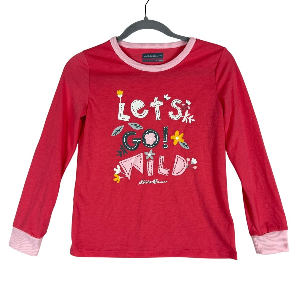 Eddie Bauer Shirt Girls 10/12 Pink Long‎ Sleeve Lets Go Wild Graphic Tee Floral